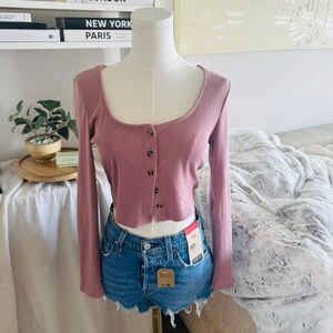 Women's Pink Button-Up Ribbed Top